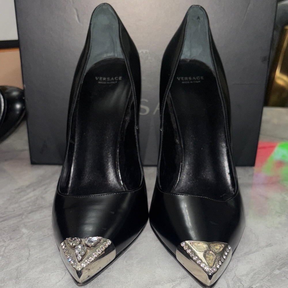 Versace Black Heels with Silver Detailing